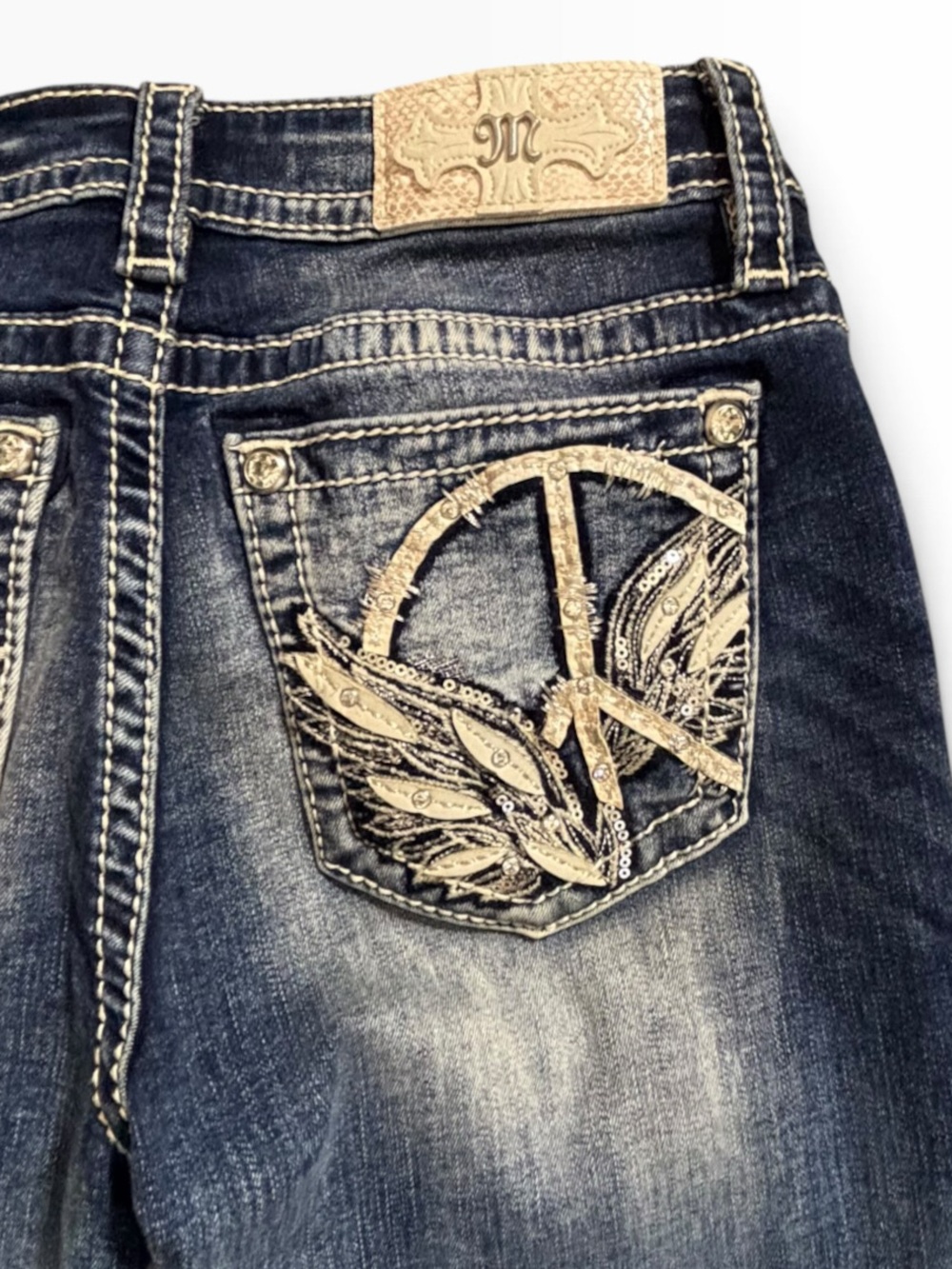 Miss Me Chloe Boot Leg Flare Jeans with Wings Peace Rhinestone Sequin 29